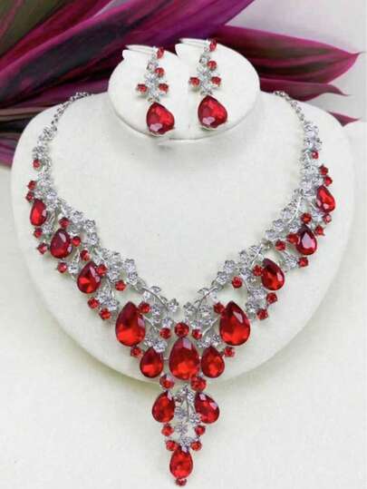 2 piezas Conjunto de joyería de collar y aretes para mujer, conjunto de joyería nupcial elegante de moda para vestido de boda, vestido formal, sesión de fotos, adornado con cristales de lujo