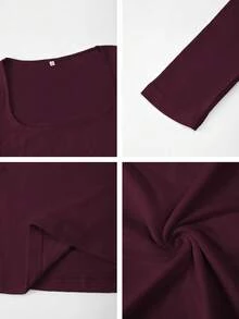 Vaiaye 女士性感修身长袖针织上衣，纯色方领T恤，适合情人节穿着 - 紫紅色 - 查看 11