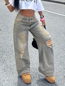 Vintage Street Style Distressed Splatter Print Straight Leg Wide Leg Pants - Mid Rise Non-Stretch Women's Trousers - Màu sắc hoài niệm - Xem 6