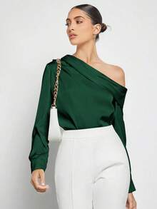 Women's Blouse With Asymmetrical Neckline, Long Sleeve, Social, Comfortable Fashion - Verde - Ver 8