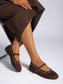 Mary Jane Round Toe Flat Shoes, Vegan Suede, Preppy School Basic Style, Buckle Metal Eyelets, Suitable For Home & Office - Brown - View 2