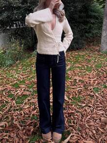 Casual Women's Knitted Fabric Wrap Hem Short Sweater Rib-Knit V Neck Long Sleeve Pullover