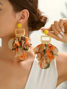 1 Pasang Anting Rumbai Kain Motif Bunga Kuning Buatan Tangan, Perhiasan Modis dan Berlebihan untuk Wanita, Cocok untuk Pesta dan Acara Formal - E2846-Kuning-Campuran - View 4