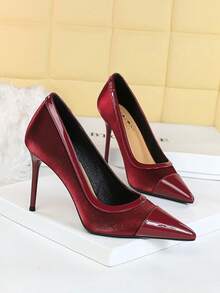 女士尖头缎面拼接超高跟正装鞋，纤细优雅派对高跟鞋 - 酒紅色 - 查看 4