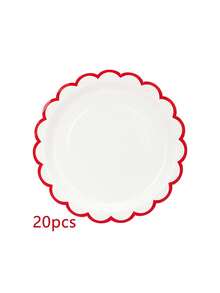10 件/20 件/50 件圣诞纸盘 7 英寸白色盘子带红色装饰可爱白色扇形纸盘红色扇形餐盘甜点盘适用于圣诞节婴儿送礼会婚礼新娘送礼会婚礼派对用品