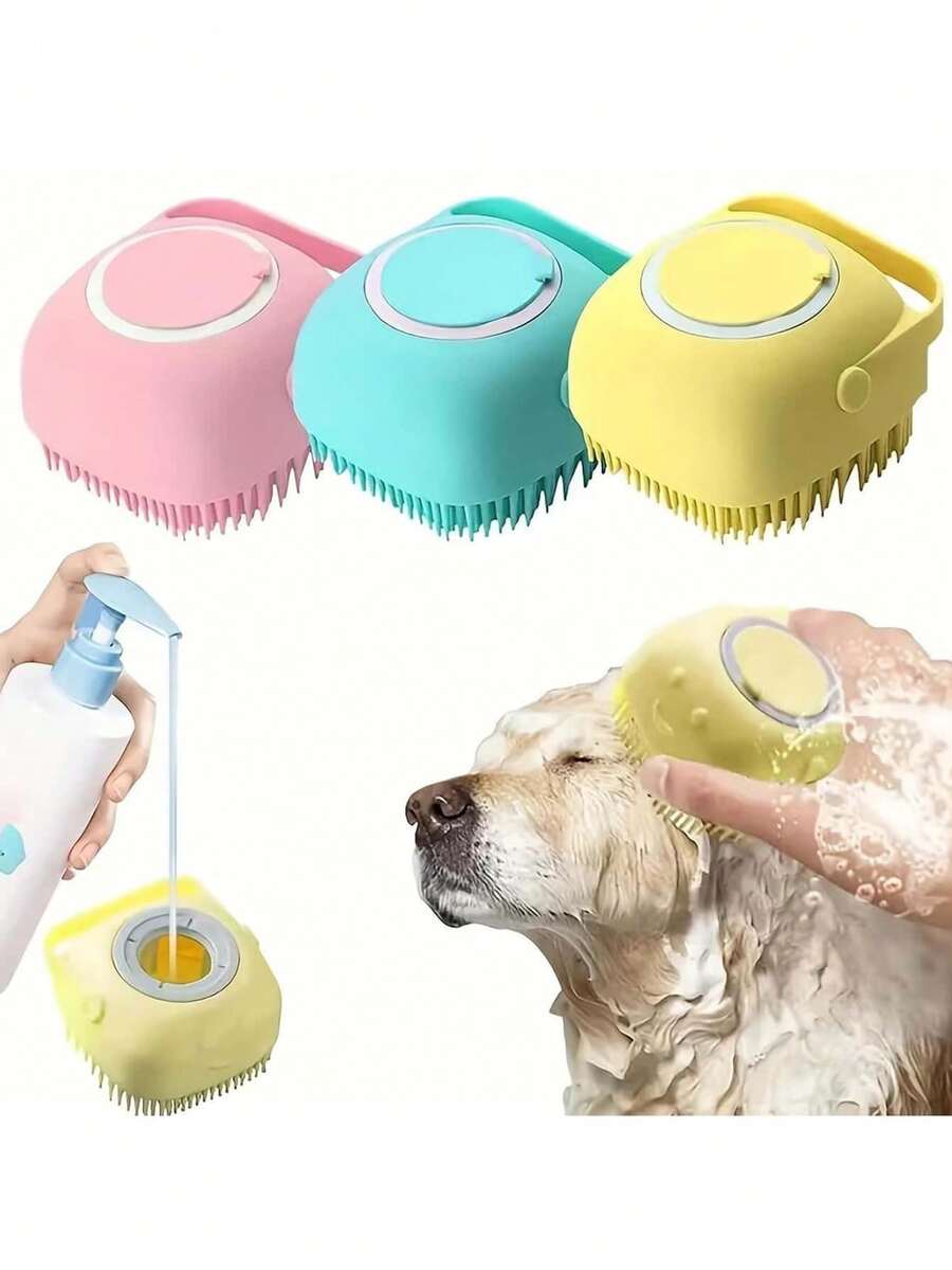 Cepillo de silicona suave para mascotas perros y gatos, cepillo de baño y masaje para niños con dispensador de gel de baño - Ver 1