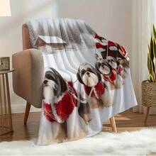 1pc Flannel Throw Blanket - Shih Tzu Dogs & Santa Sled Winter Scene - Soft Cozy All-Season Bedspread - Red & White Design - Washable Bed, Sofa, Office, Dorm, Car - Holiday Pet Lovers - Shih Tzu Dog Lover's Home Decor - Festive Pomeranian & Shih Tzu Print - Plush Flannel Fabric - Dust-Proof & Warm - Camping & Naps, Blankets - Multicolor - View 3