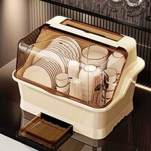 [Cream Dish Drying Rack] Multi-Functional Cream Dish Drying Rack With Lid - Space Saving, Dust Proof Kitchen Storage Cabinet, Utensil Organiser With Drainage Plate - 米色 - 查看 11