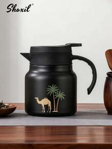 shoxil 1个800毫升黑色咖啡壶，骆驼椰树图案保温壶，保温茶壶，水壶，中东风格茶壶，80毫升茶杯，咖啡杯，水杯，双层保温杯，适用于家庭、咖啡店、斋月 - 黑色 - 查看 6