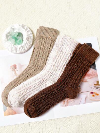 3 Pairs Women's Thick Warm Wool Vintage Style Mid-Calf Socks For Autumn And Winter,Random Color
