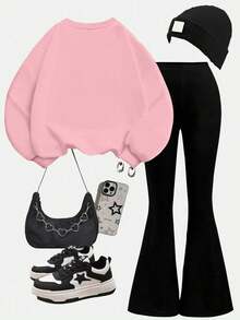 2pcs Set Teen Girl Heart - Element Set, Comfortable Fabric, Spring & Autumn Street Activity & Daily Style - Pink - View 3