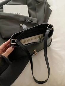 真皮腋下包，时尚女士手提包，纯色单肩包，简约经典女士斜挎包 - 黑色 - 查看 10