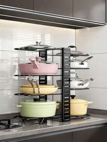 Organizador de Sartenes y Ollas Movible de 8 Capas con Pies Antideslizantes, Soporte para Ollas y Sartenes Ajustable de 3 en 1, Estante para almacenar olla, Estante de Ollas, Organizador Ollas y Sartenes de 8 Niveles Ajustables 3 Modos de UsoOrganizador de Sartenes y Tapas para Cocina - Negro - Ver 3