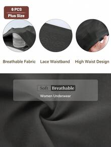 6 piezas Bragas de talla grande para mujer con cintura alta, parche de encaje, suaves y transpirables - Negro - Ver 6