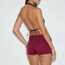 Shorts cortos de mujer estilo Y2K, con cintura elástica baja, cómodos, tipo culotte, mini shorts para salir de noche, ropa de calle - Burdeos - Ver 4