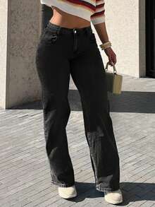 Women's Insert Pocket Loose Casual Basic Straight Jeans - Black - View 1