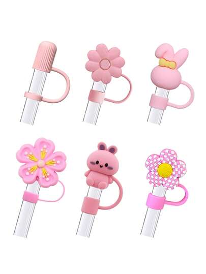 6 piezas Accesorios compatibles con la Copa , Tapa de cubierta de pajita rosa para taza de 40 30oz, Accesorios reutilizables de 10 mm para decorar pajitas con diseño de flor de dibujos animados, Tapones portátiles protectores, Decoraciones y regalos para fiestas