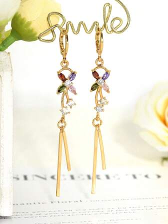 1 对 18K 镀金彩色锆石蝴蝶流苏耳环，优雅的中东风格，适合女性日常佩戴、婚礼、派对、旅行、开斋节、宰牲节、圣诞节