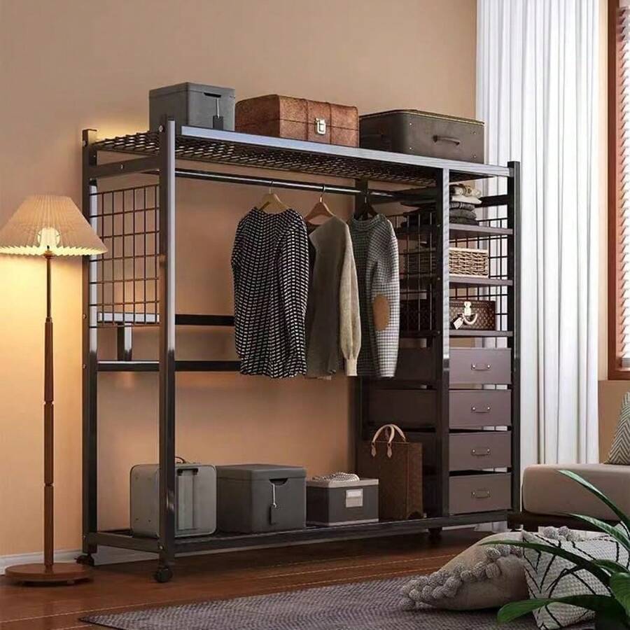 Armario Plegable con Cortinas y Ruedas - Clóset Perchero Portátil para Ropa, Guardaropa de Lona y Metal para Lavandería, Dormitorio, Oficina - Fácil Instalación - 160, Negro - Negro - Ver 1