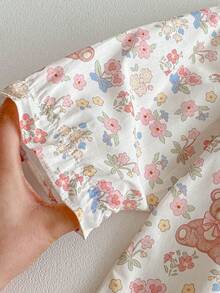 Baby Girl Floral & Bear Print Sweet Long Sleeve Dress, Autumn - Apricot - View 5