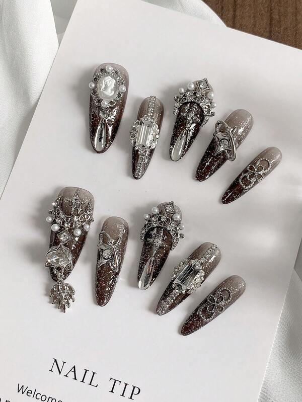 Uñas postizas de lujo de obsidiana, edición premium con degradado dorado, original y resistente, para arte de uñas desmontable