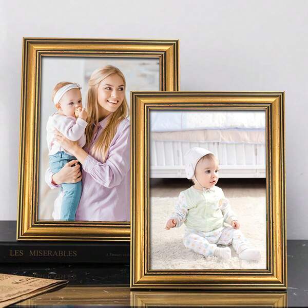 1pc Vintage Luxurious Gold Photo Frame, Displays 3.5x5", 4x6", 5x7", 6x8", 8x10" Photos, Horizontal & Vertical Placement, Suitable For Nordic Bedroom, Modern Living Room, Hallway, Gallery Wall (Photo Paper Included Randomly)