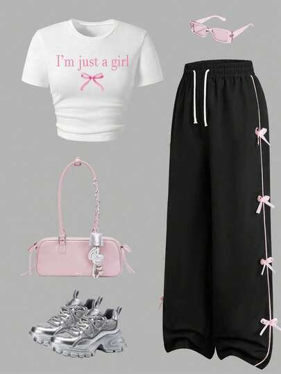 Conjunto de Top de Manga Longa com Estampa de Letra e Calça Casual com Decoração de Laço para Meninas Pré-Adolescentes