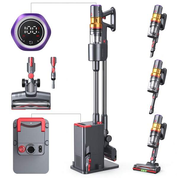 Lubluelu Lubluelu X1000 27Kpa kabelloser freistehender kabelloser Staubsauger Kabelloser beutelloser Bodenreiniger Bis zu 60 Min. lange Laufzeit Innovative Green Light-Technologie Mit Selbstentleerungsstation und freihändigem 6-Schicht-Filtersystem V-förmige Bürste + LED-Licht + flexibler Einsatz der Bodenbürste Mit Nachtmodus, mit Duftbox