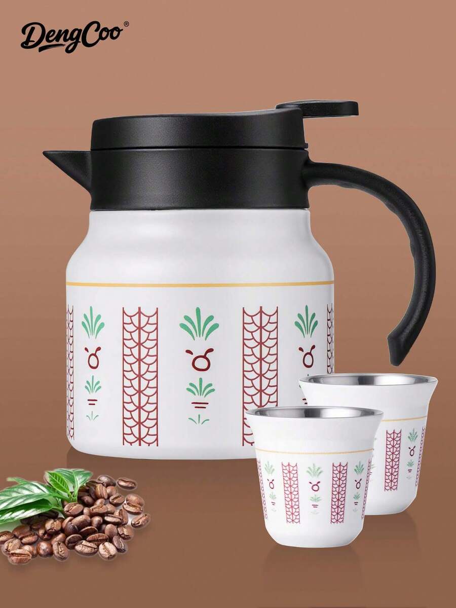 Dengcoo 1/3pcs 800ml Thermal Coffee Carafe And 80ml Coffee Cup, Saudi Style Coffee Pot And Coffee Mug, Stainless Steel Double Walled Vacuum Insulated Teapot With Detachable Strainer, Leak-Proof Vacuum Insulated Carafe For Coffee Tea Hot Or Cold Drinks, Home/Office/Travel - Pot - View 1