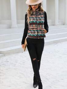 Chaqueta de forro polar con cremallera y estampado geométrico reversible para mujer - Marrón - Ver 3