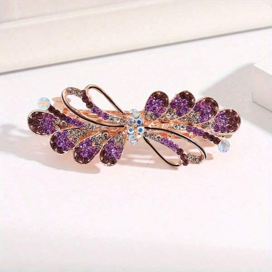 Hairpin, Female Back Head Disc Hair Top Clip Temperament Ponytail Drawing Line Hairpin Versatile Headgear Rhinestone Elegant Horizontal Clip Metal Hairpin Shiny Rhinestone - 紫色 - 查看 1