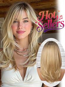 16 Inches Clavicle Length Naturally Layered Wig Ombre Brown And Blonde Wigs With Bangs A Unique And Geometric Statement Edgy And Textured Modern Retro Suitable For Daily Party Festival And Cosplay Wear Wigs For Women Hairstyle - Tóc vàng ombre - Xem 1