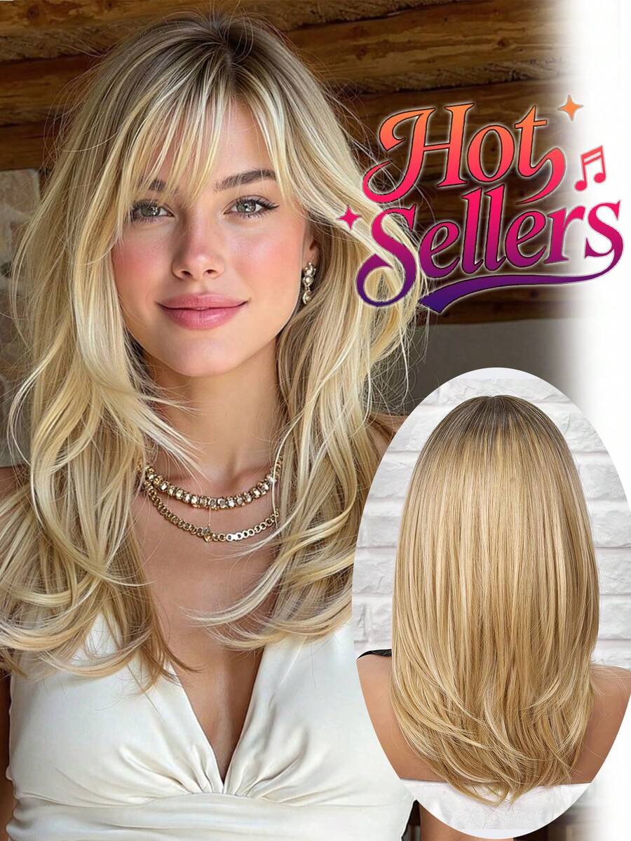 16 Inches Clavicle Length Naturally Layered Wig Ombre Brown And Blonde Wigs With Bangs A Unique And Geometric Statement Edgy And Textured Modern Retro Suitable For Daily Party Festival And Cosplay Wear Wigs For Women Hairstyle - Tóc vàng ombre - Xem 1