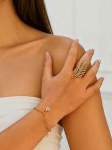 1 件波西米亚风格金属镂空水钻叶手链，适合日常佩戴 - 金色 - 查看 1