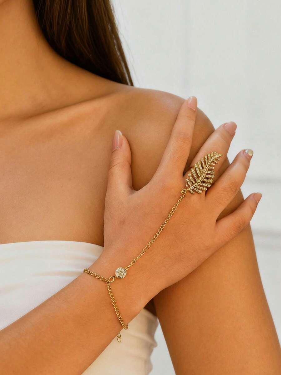 1 件波西米亚风格金属镂空水钻叶手链，适合日常佩戴 - 金色 - 查看 1