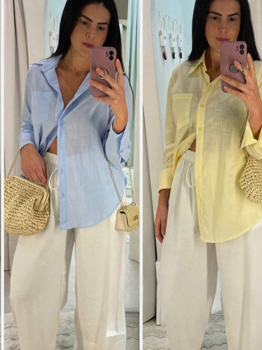 Women's Long Sleeve Linen Shirt - Amarillo - Ver 1