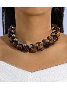 1 件复古豹纹心形珍珠串珠项链 - 小巧时尚高端设计，奢华质感 - 心形锁骨链 - 彩色 - 查看 7