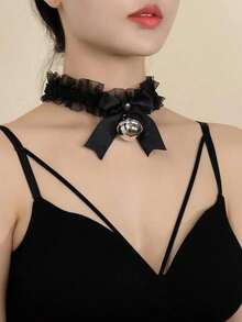 1 Piece Of Swan Neck Lace Bell Collar Necklace, A Sexy Maid Outfit Mesh Bow Collar Necklace, Suitable For Women, Used For Cat Role-Playing, Which Is Fashionable, Elegant And Suitable For Daily Wear(Black) - Multicolor - View 3
