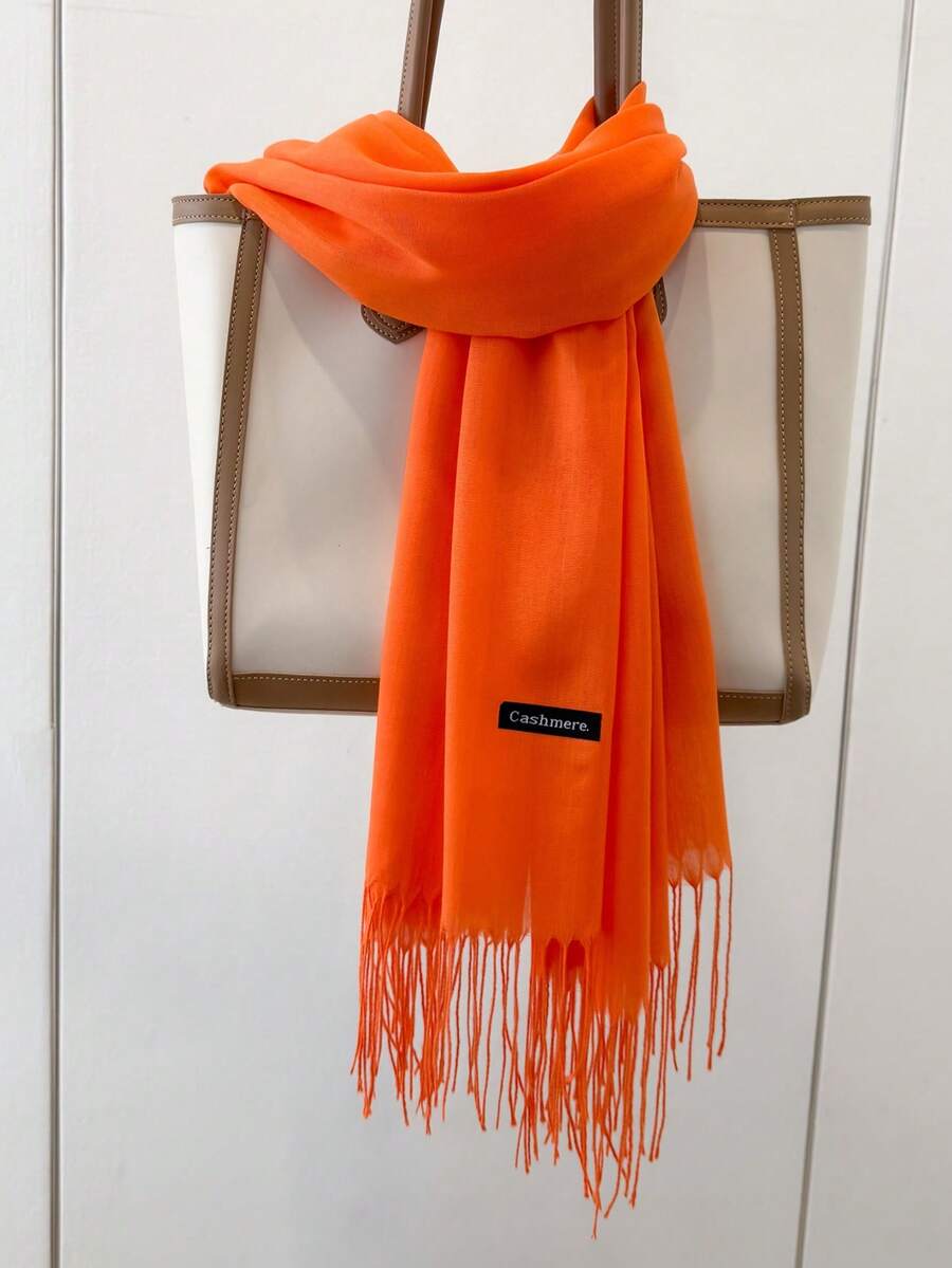 1pc 190*70cm Outdoor Classic Solid Color Windproof Shawl, 120g Fashionable Unisex Thin Fringe Shawl, Air-Conditioned Room Warm Oversized Scarf, All Season Thin Solid Color Headscarf, Rectangular Scarf For Women, Available In Red, Maroon, Black, White, Beige, Yellow, Blue, Green, Burgundy For Dress, Beach, Holiday - Orange - View 1