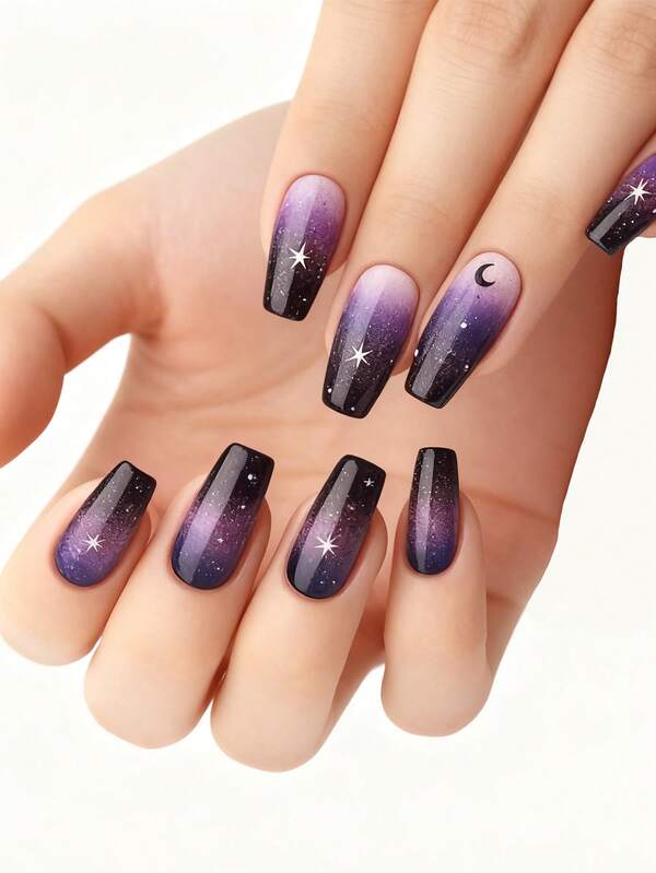 Transform Your Nails With 24pcs Medium Coffin Shape Press On False Nails Mysterious Elegance White-Purple Gradient Ramadan Starry Sky Design Wearable Nails Cool Y2K Style Black-Purple Gradient Star And Moon Pattern Full Cover False Nails For Women And Girls Includes 1sheet Adhesive Tabs & 1pc Mini Fils Strip Jelly Gel Random Shipment
