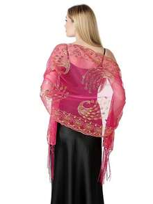 Plus Size Luxury Gold Shawl With Floral Print And Tassel, Polyester, Suitable For Banquet, Date, Evening Party, All Seasons