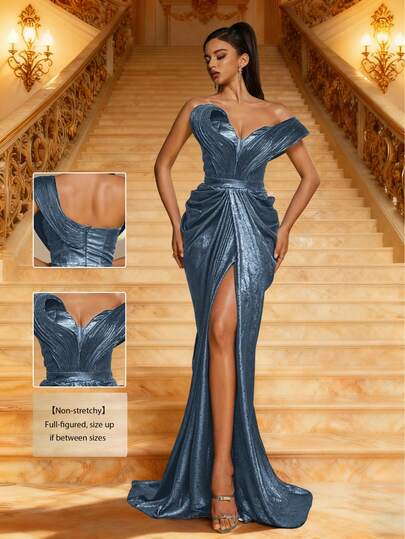 Smilprince 奢华金属露肩高开叉长款紧身晚礼服，优雅派对，女士舞会礼服，正式晚礼服，婚礼宾客礼服