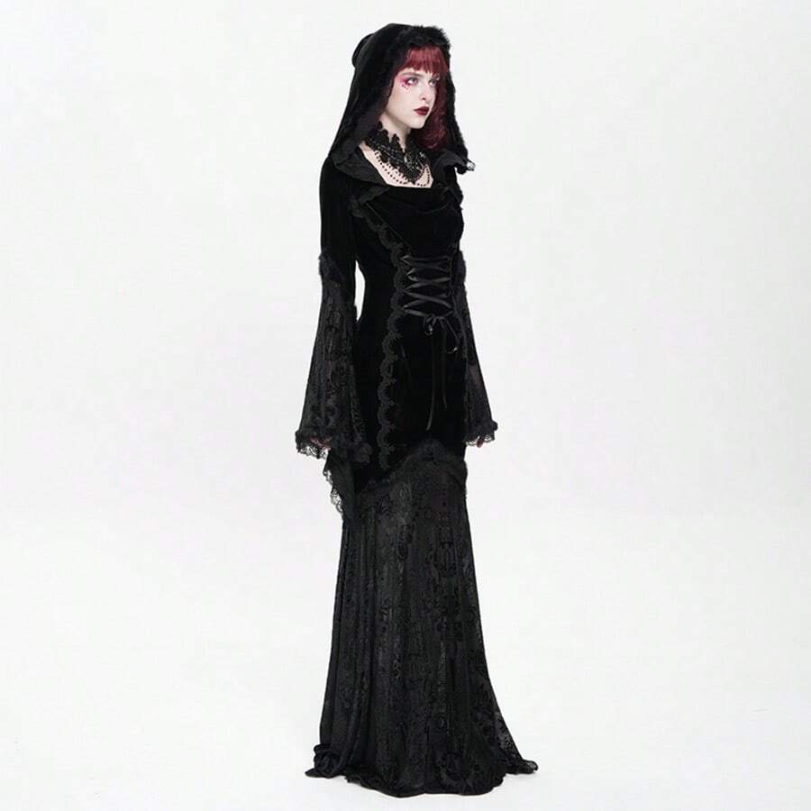 Devil fashion 一件哥特风蕾丝拼接连帽长裙,收腰设计,暗黑美学风格,适合演出、角色扮演、秋冬季穿着。 - 黑色 - 查看 1