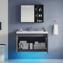 31" Floating Bathroom Vanity With Sink Combo, Wall Mounted Bathroom Vanity Cabinet With LED Light, 2-Door Bathroom Storage Cabinet For Small Bathroom, White/Grey/Black, (USB LED Strip) - Grey - View 6