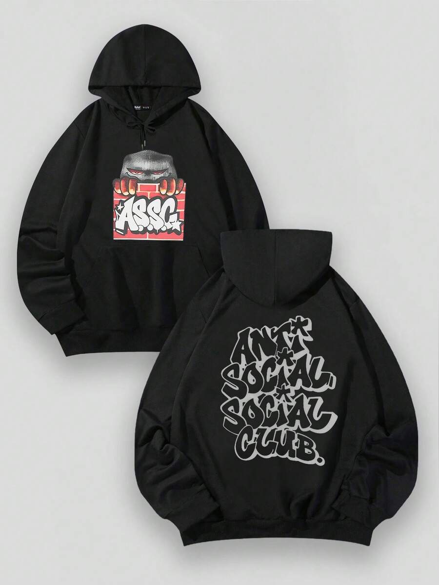 Aged Washed Cotton Crew Neck 270g Double-Sided Printing Artistic "Anti Sociel Social Club Graffiti Monster & Brand Text Graphic" Y2k,Soulja,Concert,Halloween,Gothic,Vintage,Streetwear Graphic,009-AB - 黑色 - 查看 1