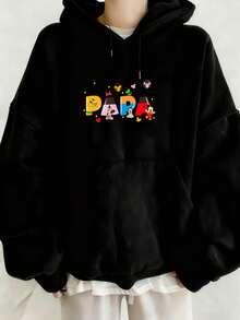 [Disney Authorized] Oversized Hoodie For Women With Colorful PAPA Print Featuring Mickey Mouse And Friends Design, Cozy Fall Winter Pullover Sweatshirt, Perfect For Casual Wear And Everyday Comfort, Autumn And Winter Essential, Ideal For Home, Streetwear, And Leisure Activities - Black - View 1
