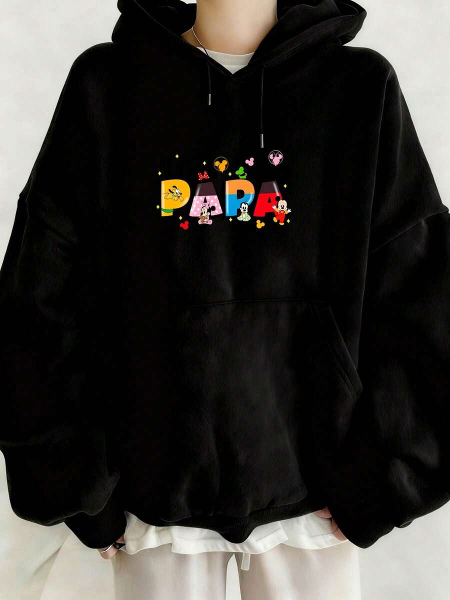 [Disney Authorized] Oversized Hoodie For Women With Colorful PAPA Print Featuring Mickey Mouse And Friends Design, Cozy Fall Winter Pullover Sweatshirt, Perfect For Casual Wear And Everyday Comfort, Autumn And Winter Essential, Ideal For Home, Streetwear, And Leisure Activities - Black - View 1
