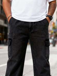 Nuevo 2025, ropa de trabajo jeans holgados, pantalones largos masculinos, azul, negro, cintura alta, suelta, moda y comodidad de múltiples bolsillos, ocio diario, primavera, verano e invierno de otoño, se puede usar - Negro - Ver 4