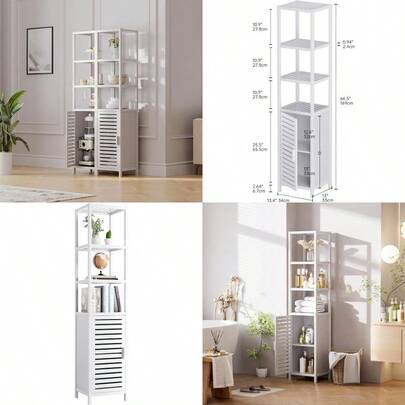 Bathroom Tall Cabinet Floor Standing Bamboo Storage Cabinet With 6 Shees And Shutter Door For Kitchen Living Room White