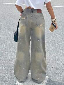 Vintage Street Style Distressed Splatter Print Straight Leg Wide Leg Pants - Mid Rise Non-Stretch Women's Trousers - Màu sắc hoài niệm - Xem 2